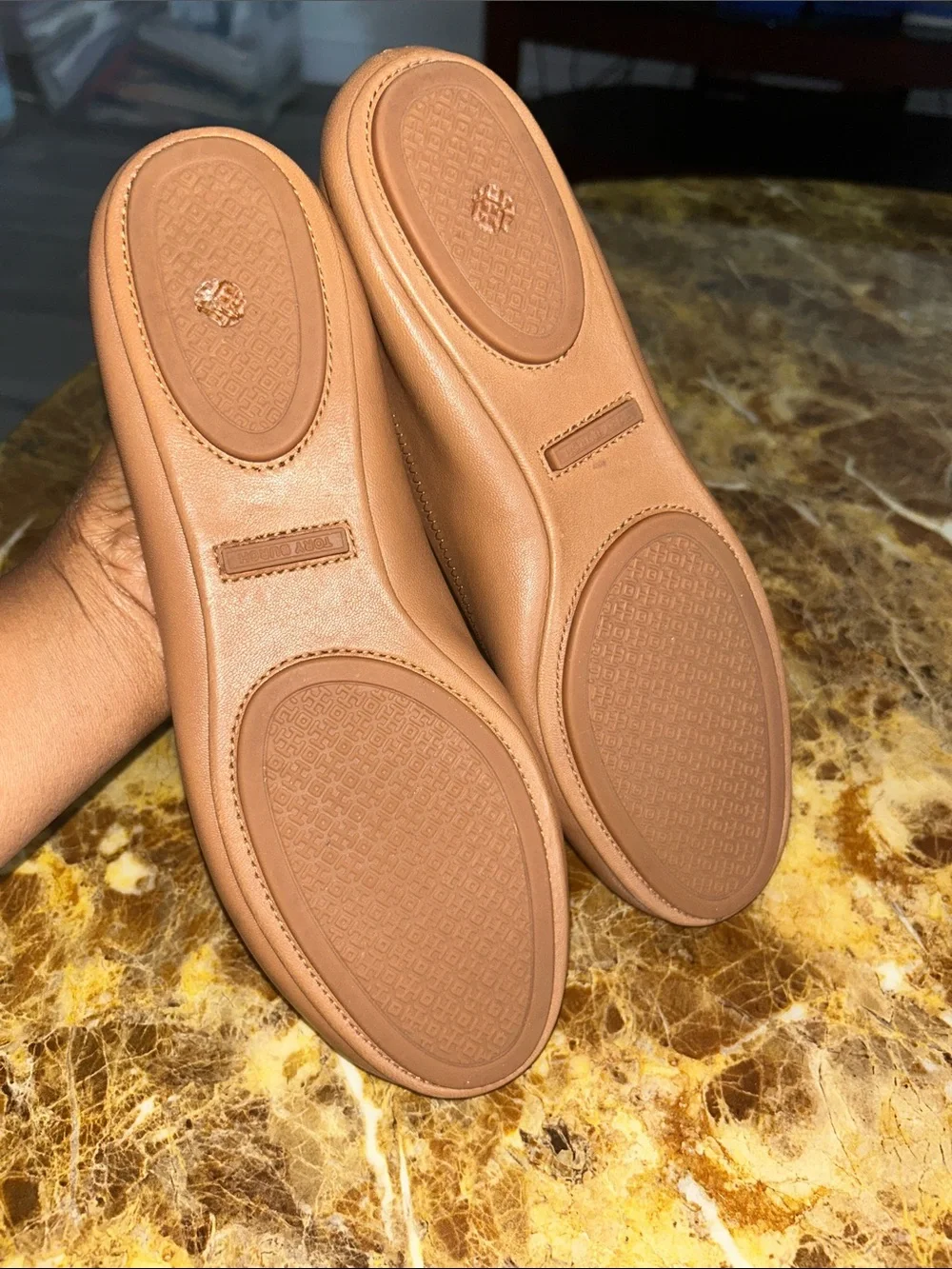 Tory Burch Camel Leather Logo Ballet Flats